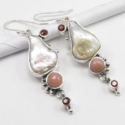 Garnet, Pink Opal and Biwa Pearl Long Earrings