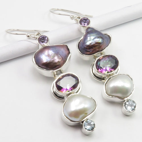 Black Biwa Pearl and Amethyst Drop Earrings