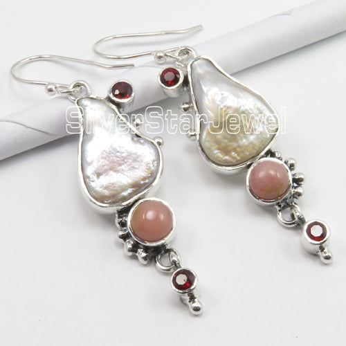 Garnet, Pink Opal and Biwa Pearl Long Earrings